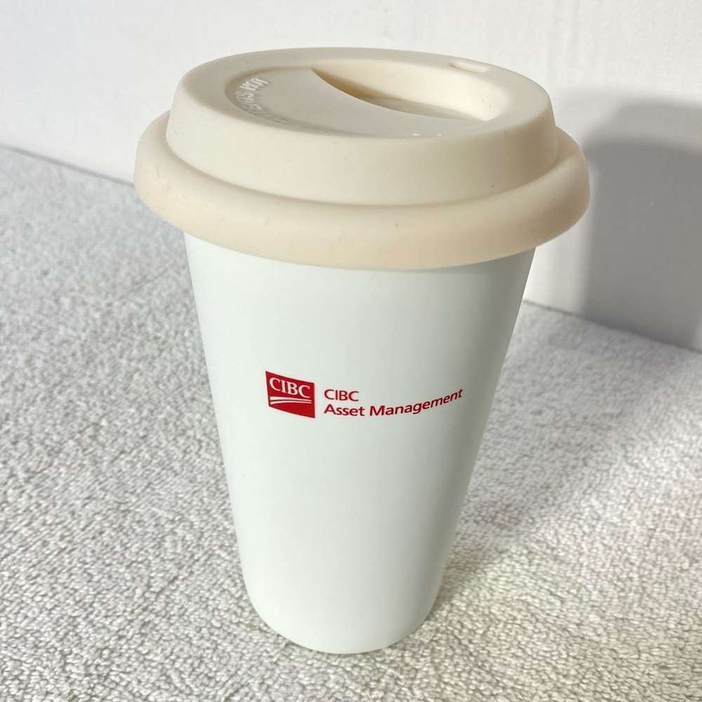 5/$35 CIBC White Ceramic Travel Coffee Cup With Silicone Lid NEW